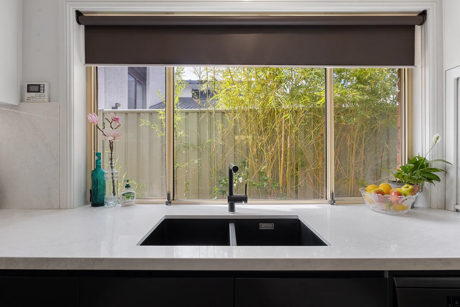 Undermount sink and window above the bench in the Calwell kitchen