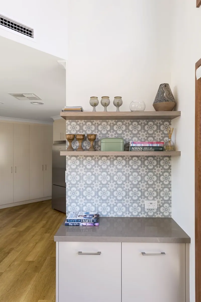Open shelving above the bench in the Nicholls kitchen